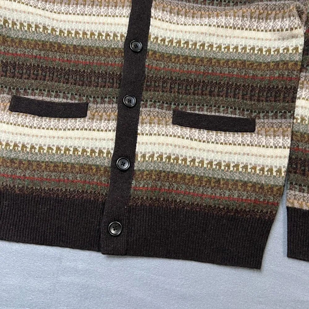 J.Crew Cardigan Sweater Men Medium Brown Ivory Fair Isle Wool Blend Button Front